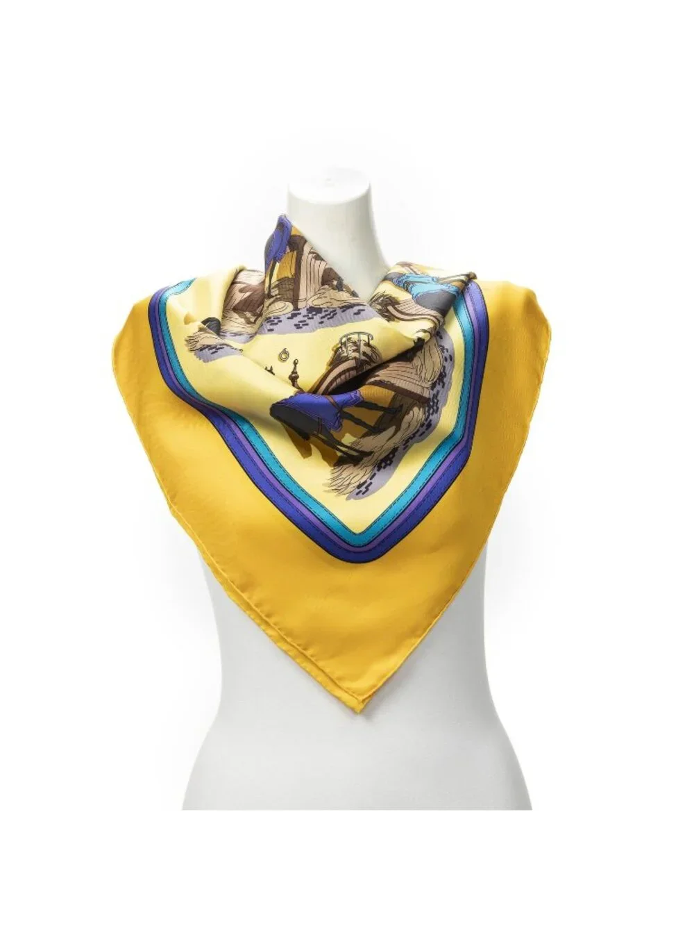Hermes Scarf Yellow Blue Brown Silk